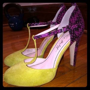 Chartreuse and pink/black t-strap heels